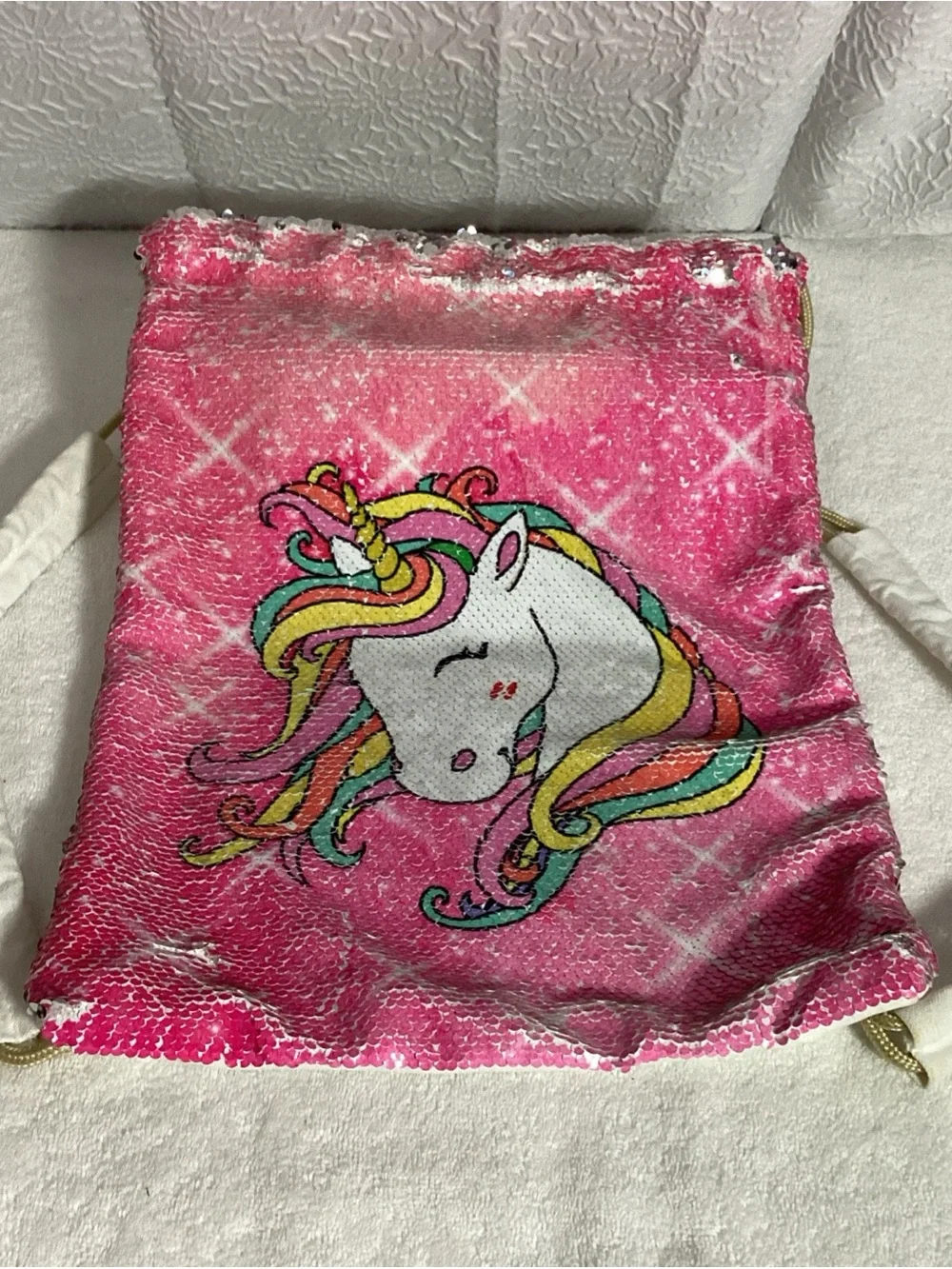 Unicorn Sparkly Sequin Quality Drawstring Large Backpack Bag Pouch